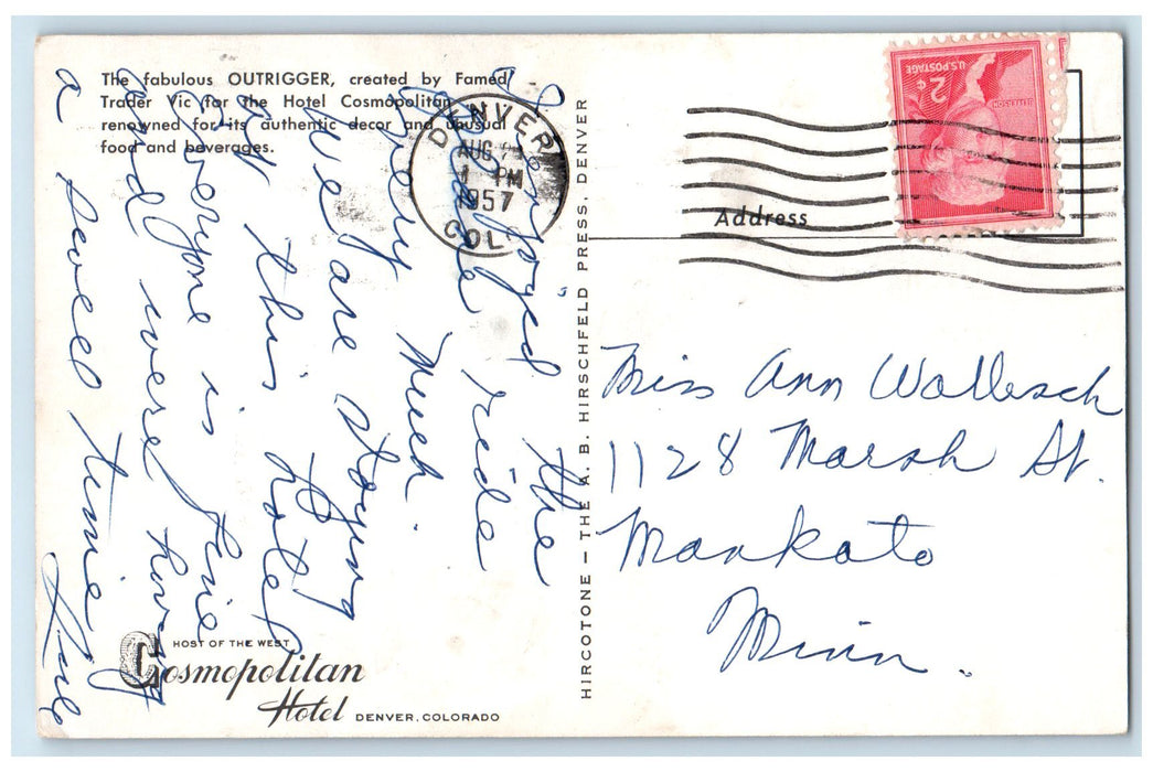 1957 Host Of The West Cosmopolitan Hotel Restaurant Denver Colorado CO Postcard