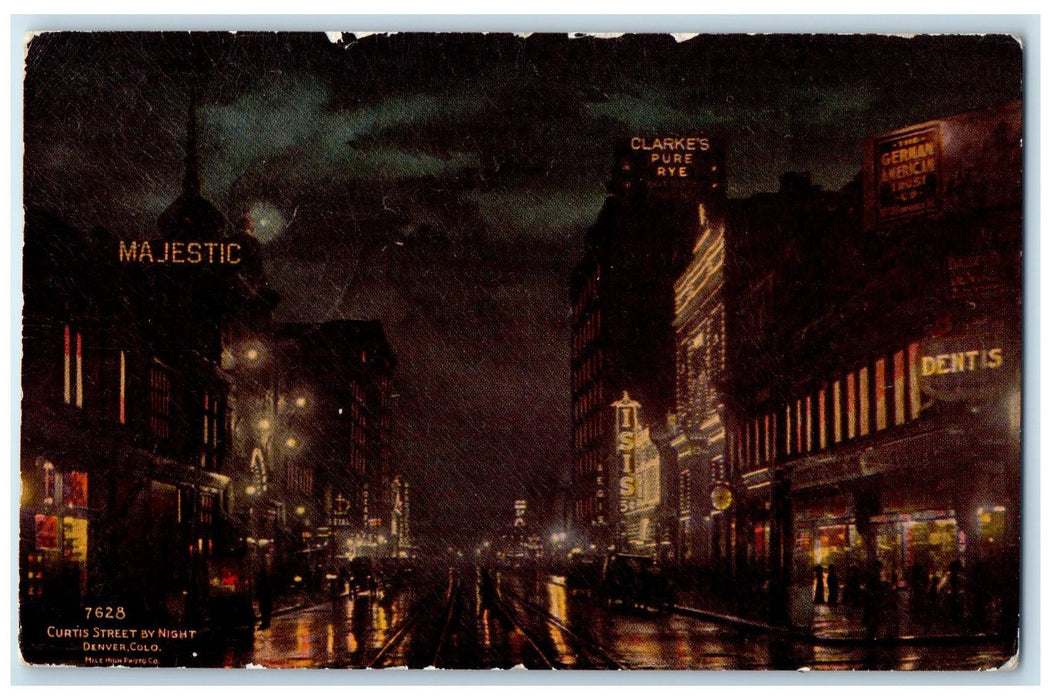 1911 Curtis Street By Night Majestic Clarkeys Pure Rye Denver Colorado Postcard