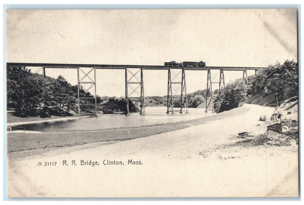 c1905 Rail Road Truss Bridge Dam River Locomotive Clinton Massachusetts Postcard