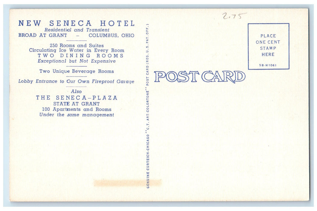 c1940's New Seneca Hotel Exterior Roadside Columbus Ohio OH Unposted Postcard