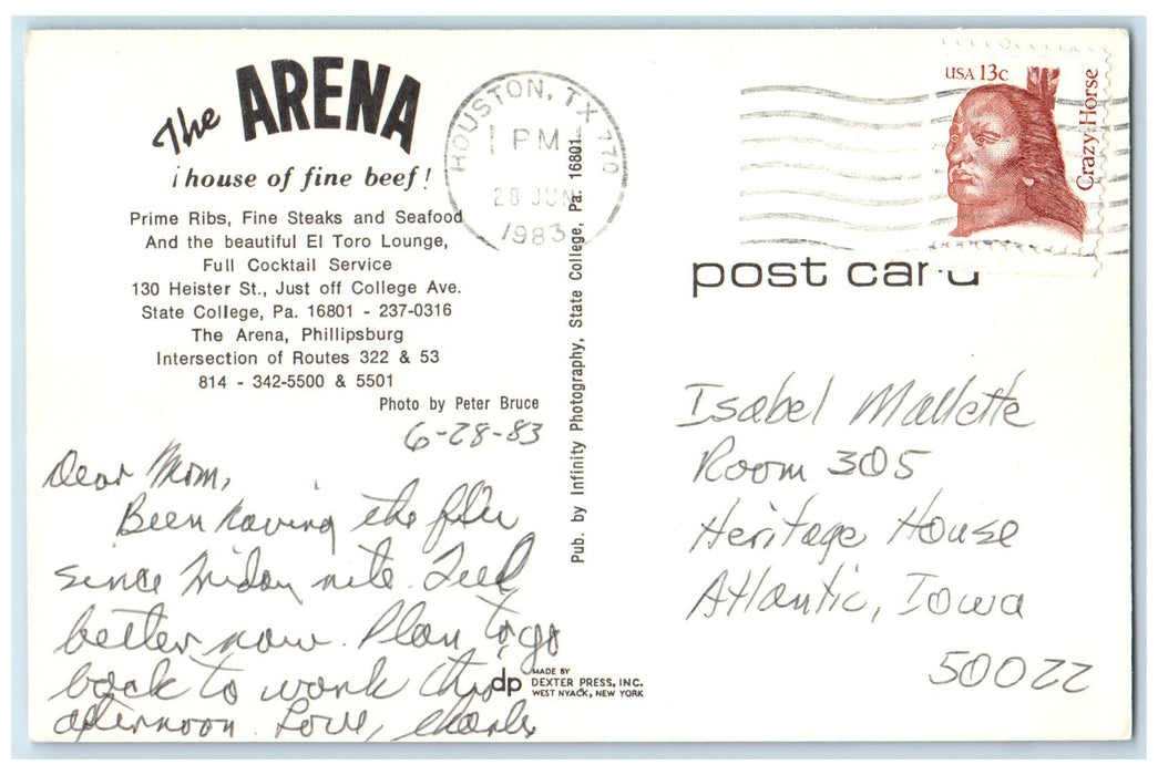 1983 The Arena Fine Beef Restaurant Houston Texas TX Posted Signage Postcard