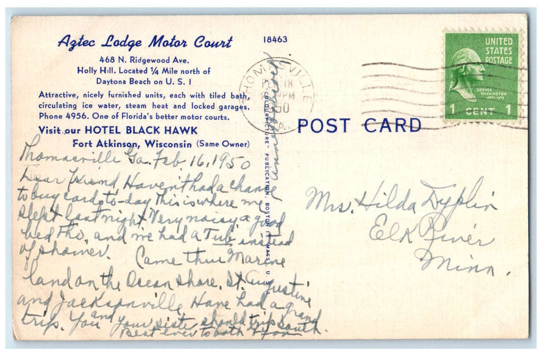 1950 The Agtec Lodge Motor Court Exterior Scene Holly Hill Florida FL Postcard