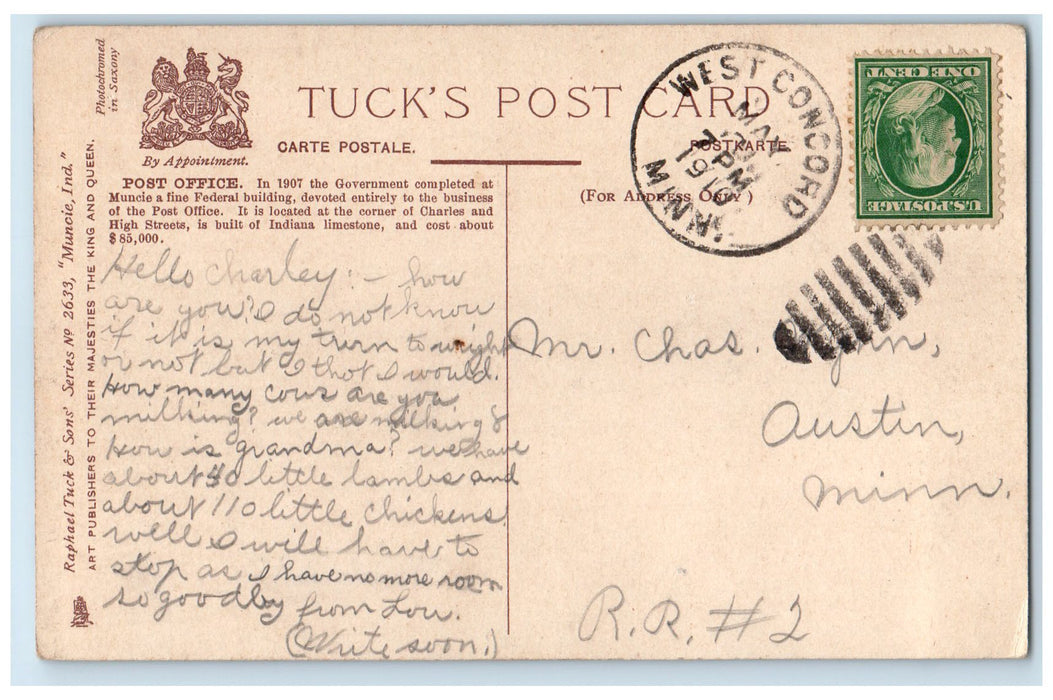 1910 Post Office Building Horse Buggy Street Entrance Muncie Indiana IN Postcard