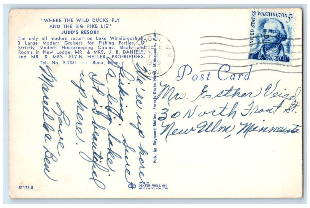 1969 Judd's Resort Modern Resort From Lake Winnibigoshish Bena MN Trees Postcard