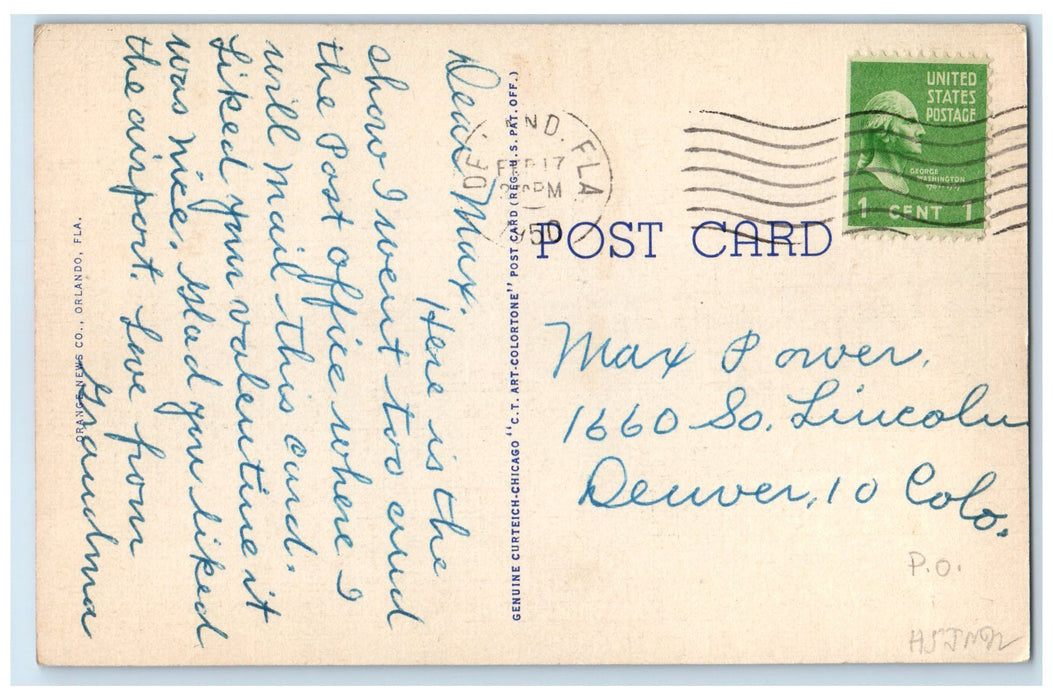 1950 Post Office & Theater Classic Cars Building Flag Deland Florida FL Postcard