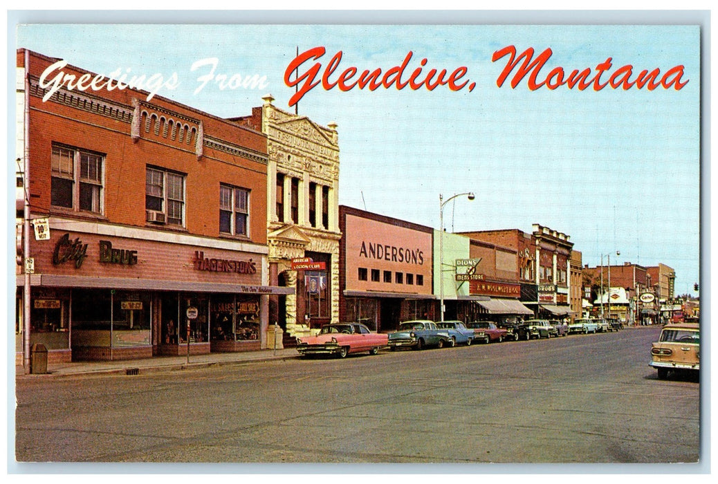 c1960s Greetings From Glendive Montana MT View Looking Eastward Street Postcard