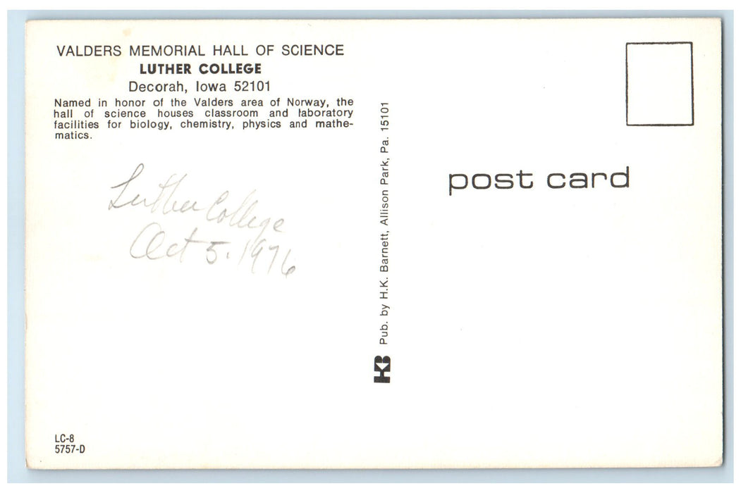 c1960's Valders Memorial Hall Of Science Luther College Decorah Iowa IA Postcard