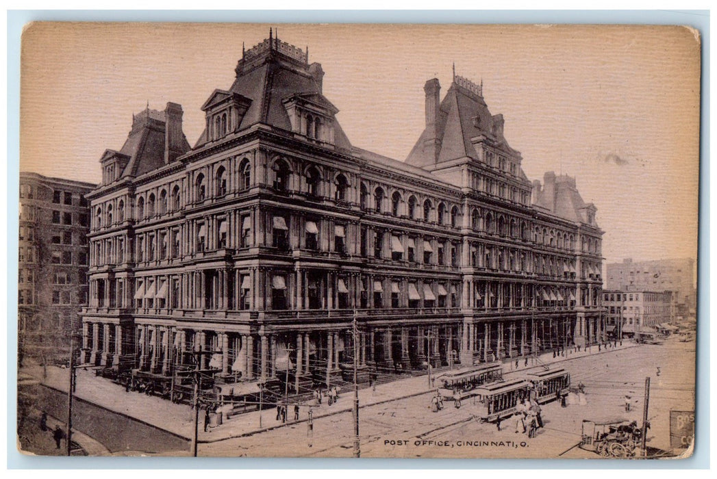 c1905 Post Office Building Trolley Carriage Downtown Cincinnati Ohio Postcard