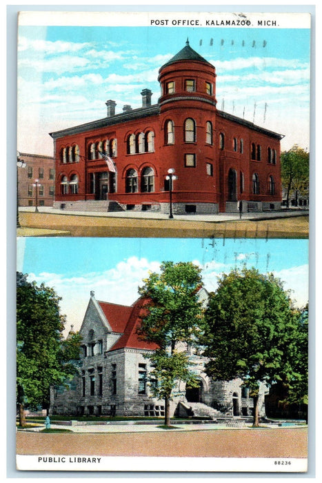 1929 Post Office Public Library Buildings Multiview Kalamazoo Michigan Postcard