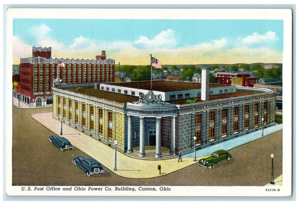 c1920 US Post office & Ohio Power Co. Building Classic Car Canton Ohio Postcard