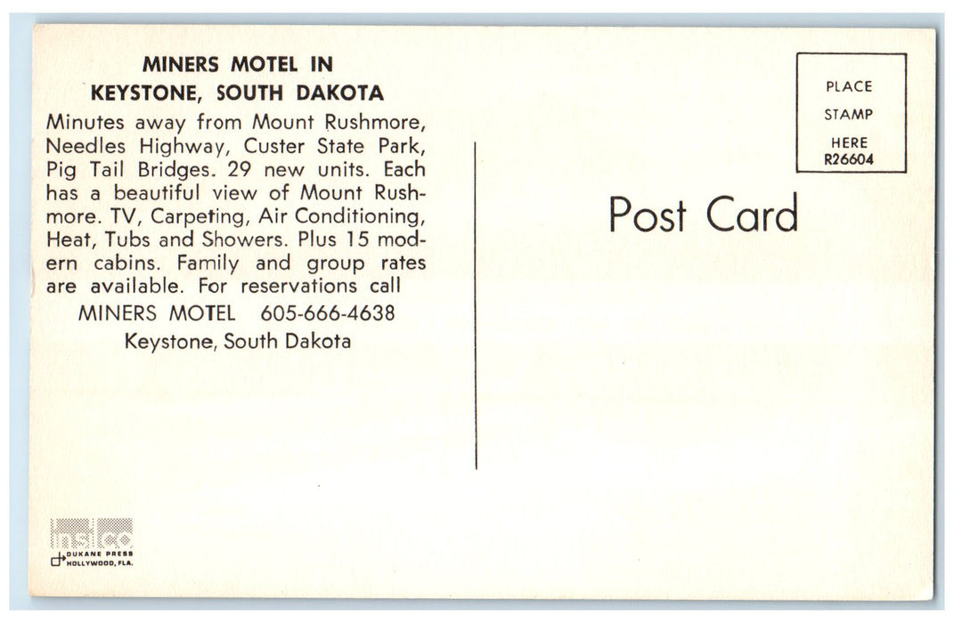 c1960's Greetings From Miners Motel Base Of Mt. Rushmore Keystone SD Postcard