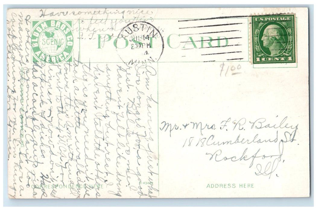 c1910's Post Office Stairs Entrance US Flag Building Austin Minnesota Postcard