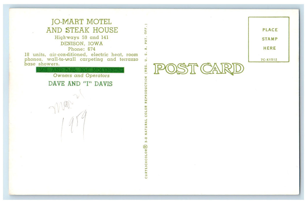 c196's Jo-Mart Motel And Steak House Restaurant Roadside Denison IA Car Postcard