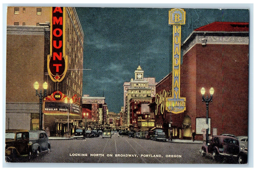 c1940's Looking North On Broadway Buildings Portland Oregon OR Unposted Postcard