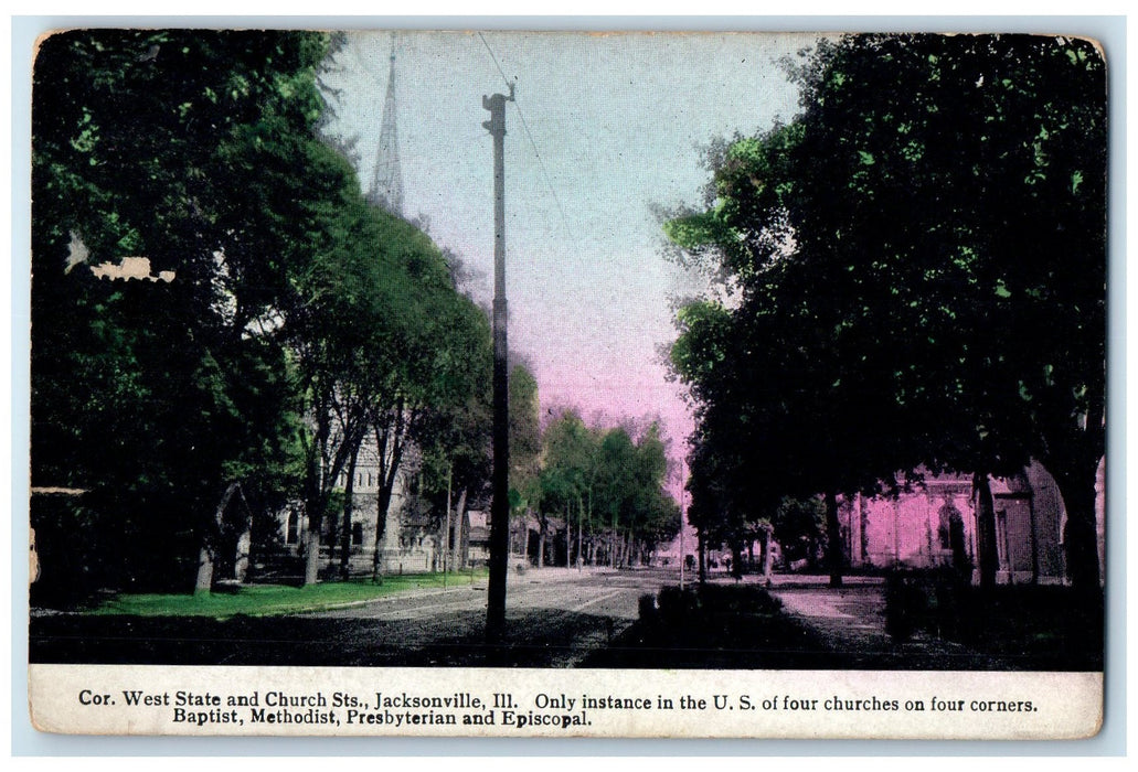 1908 West State And Church Streets Jacksonville Illinois IL Churches Postcard