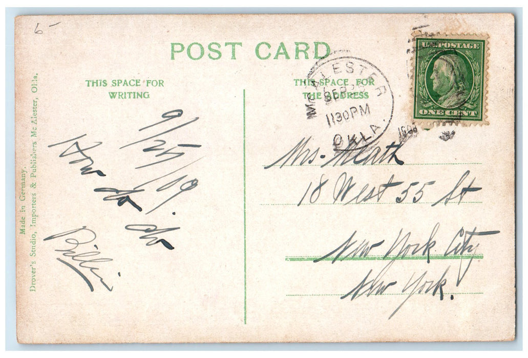 1908 Bird's Eye View Of City Mc Alester Oklahoma OK Posted Residence Postcard