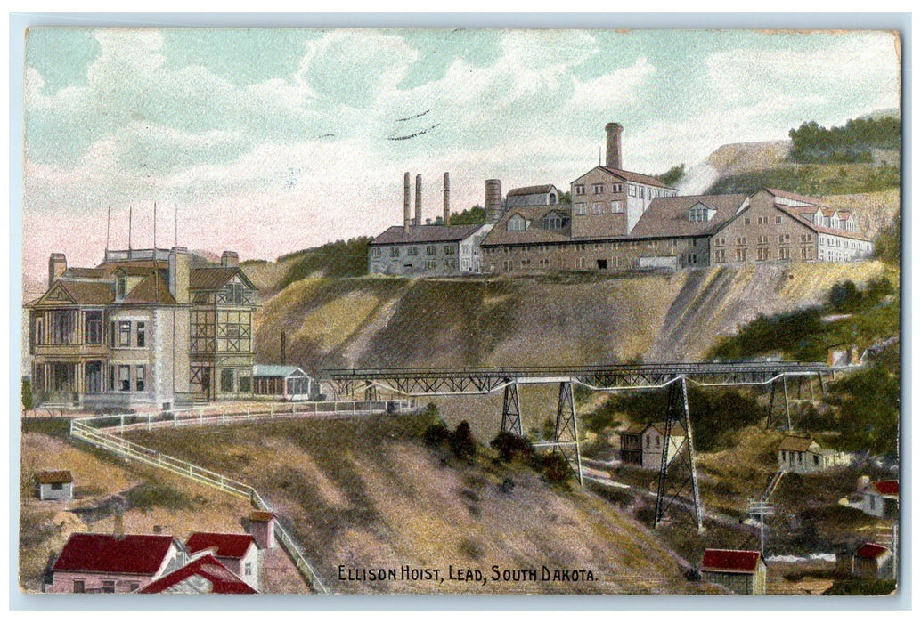 1913 Ellison Hoist Residences House Scene Lead North Dakota SD Posted Postcard
