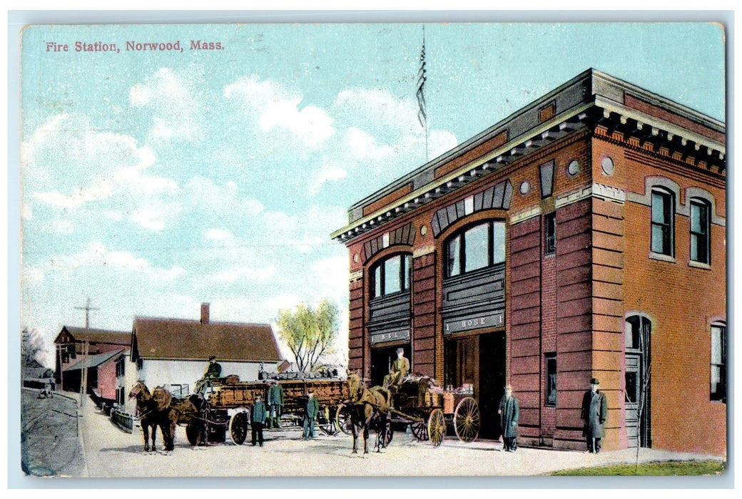 1909 Fire Station Exterior Roadside Norwood Massachusetts MA Posted Postcard