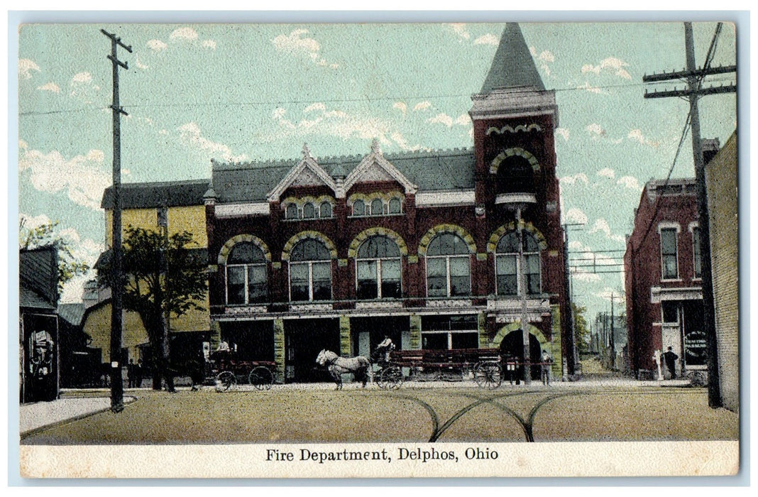 c1910s Fire Department Exterior Roadside Delphos Ohio OH Unposted Horse Postcard