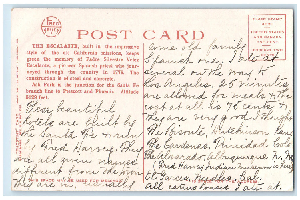 c1920s The Escalante Built In Impressive Style Ash Fork Arizona AZ Tree Postcard