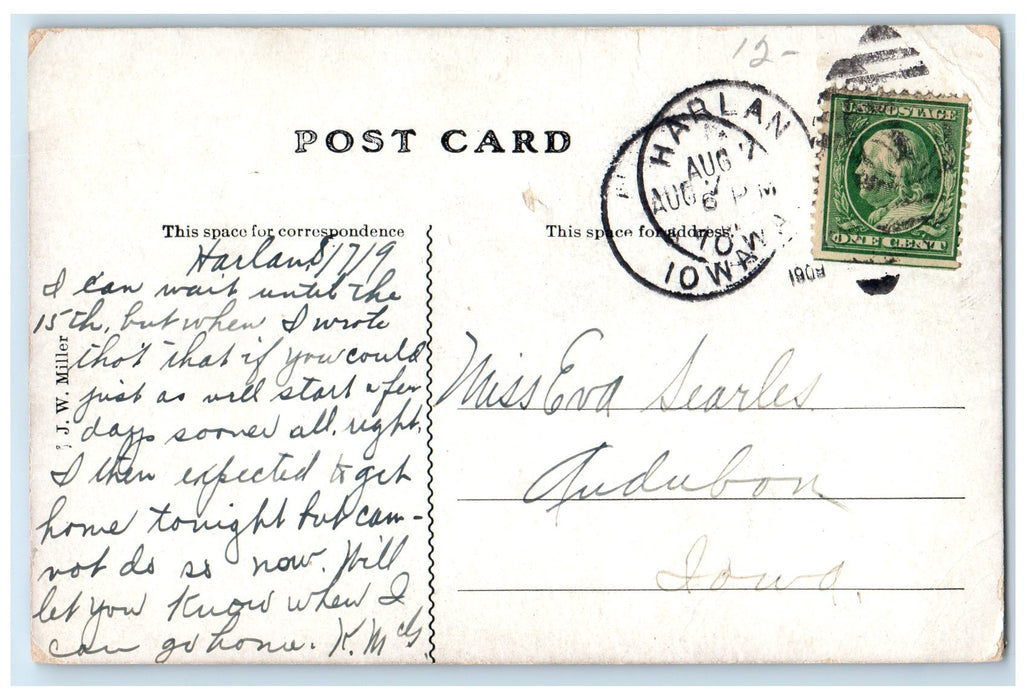 1909 East Side Of Square Shops And Car Scene Harlan Iowa IA Unposted Postcard