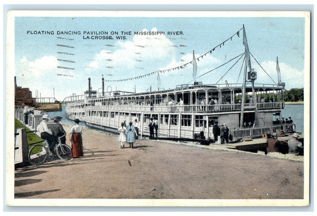 1919 Floating Dancing Pavilion Mississippi River La Crosse Wisconsin WI Postcard