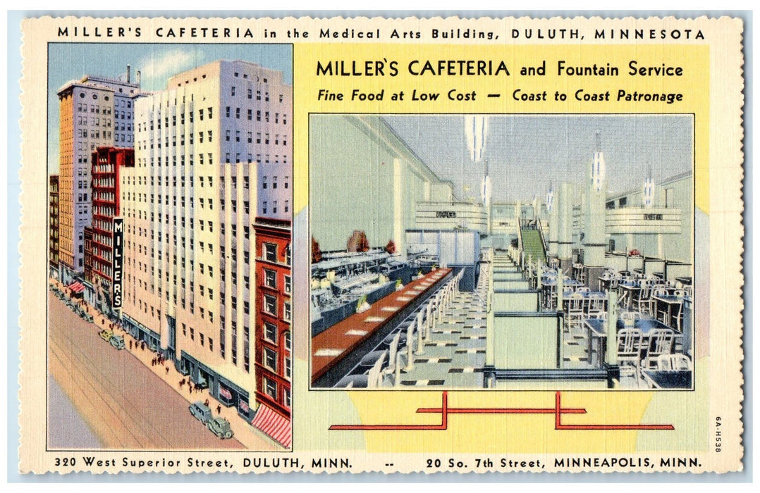 c1940's Millers Cafeteria And Fountain Service View Duluth Minnesota MN Postcard