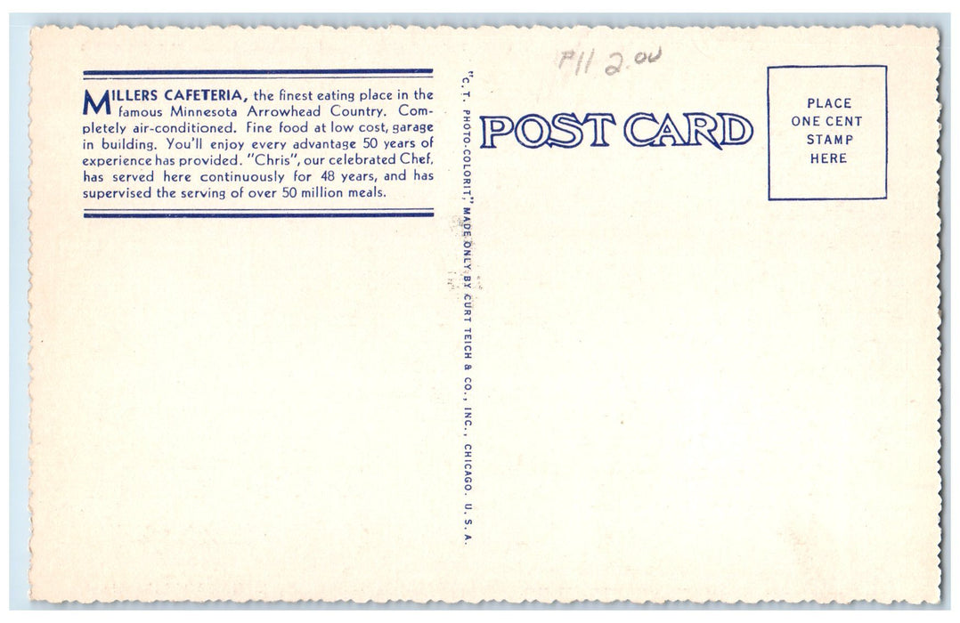 c1940's Millers Cafeteria And Fountain Service View Duluth Minnesota MN Postcard