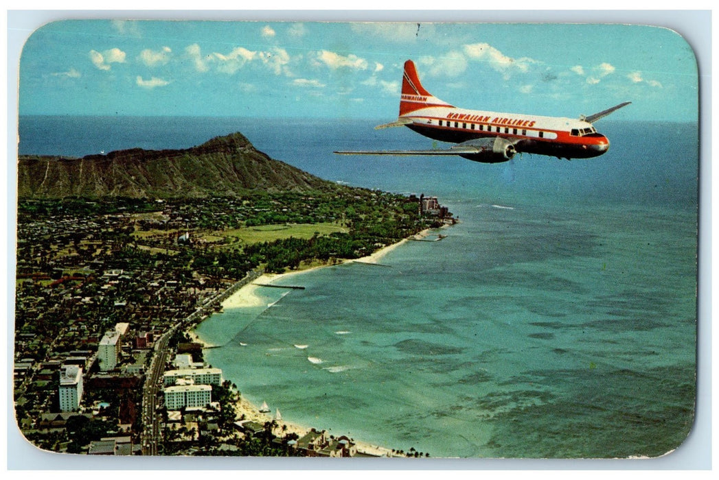 1965 Hawaiian Airlines Super Convair Over Diamond Head Honolulu Hawaii Postcard