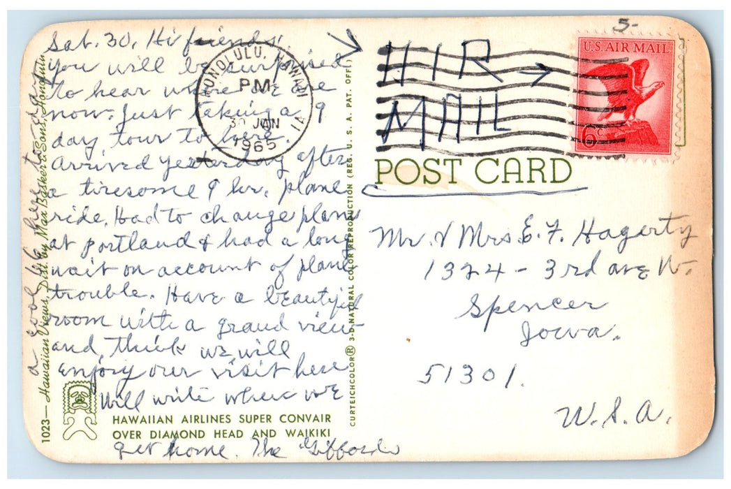 1965 Hawaiian Airlines Super Convair Over Diamond Head Honolulu Hawaii Postcard