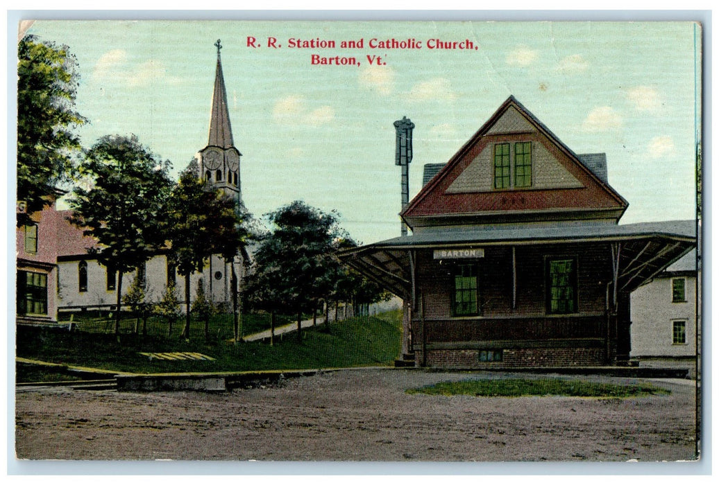 c1914 Railroad Station And Catholic Church Exterior Barton Vermont VT Postcard