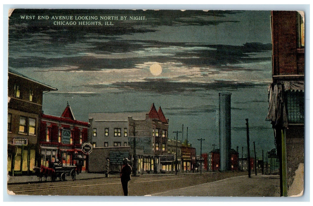 1913 West End Avenue Looking North By Night Chicago Illinois IL  Moon Postcard