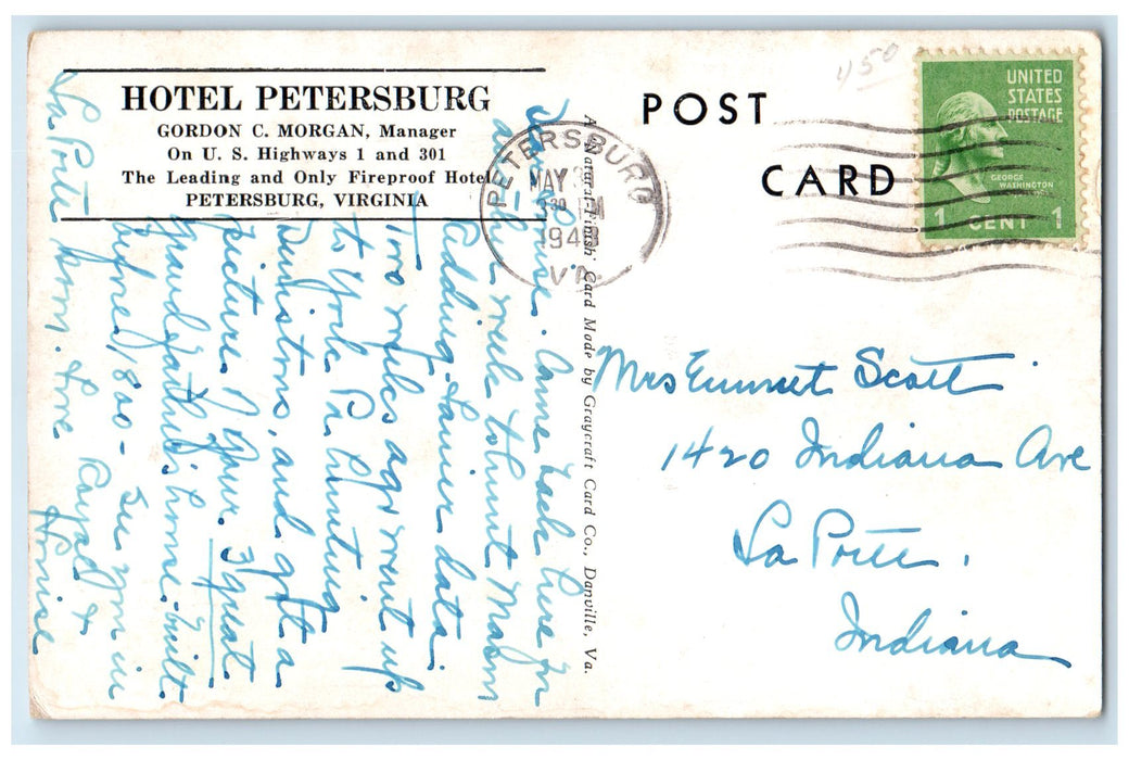 1948 Hotel Petersburg Exterior Roadside Petersburg Virginia VA Posted Postcard