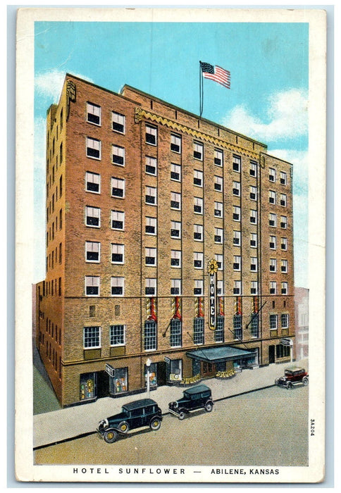 c1940's Hotel Sunflower Exterior Roadside Cars Flag Abilene Kansas KS Postcard