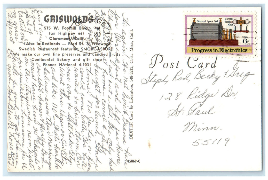 1973 Griswolds Restaurant & Shop Building Roadside Claremont California Postcard