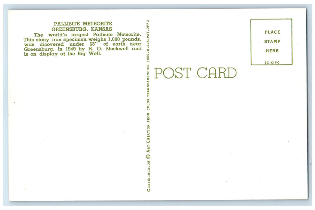 c1960's The World's Largest Pallisite Meteorite Greensburg Kansas KS Postcard