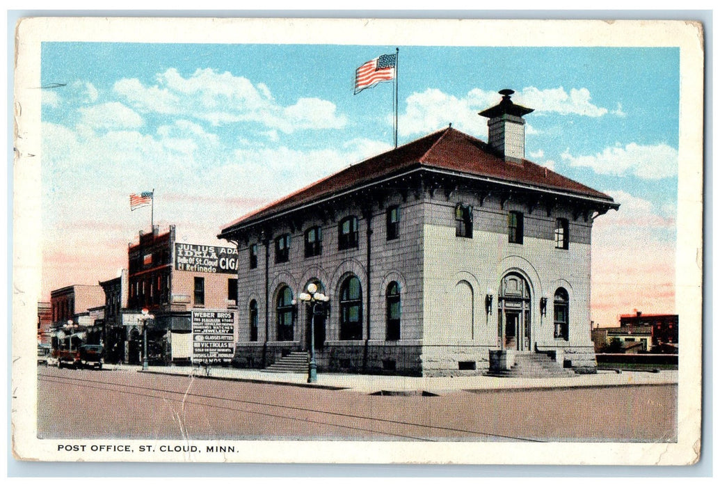 c1910s Post Office Exterior Roadside Flags Scene St. Cloud Minnesota MN Postcard