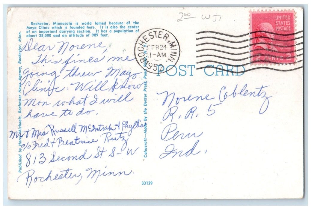 1952 Coffman High School Campus Building Entrance Rochester Minnesota Postcard