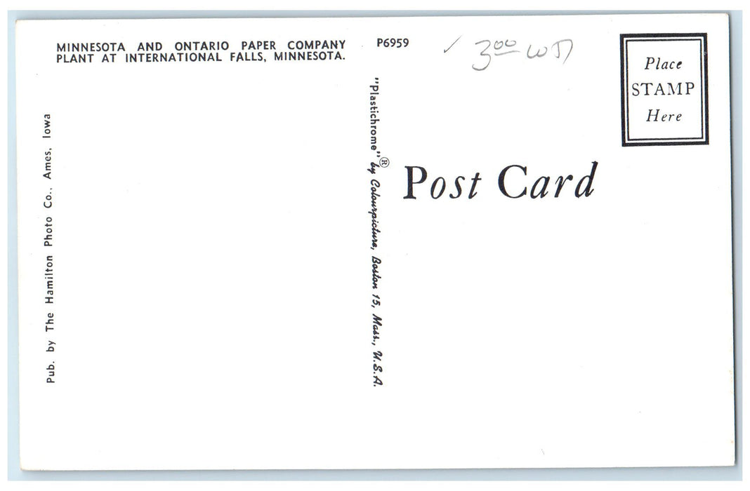 c1950's Minnesota Ontario Paper Company International Falls Minnesota Postcard