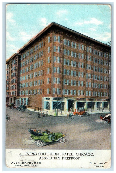 1910 New Southern Hotel Exterior Roadside Cars View Chicago Illinois IL Postcard