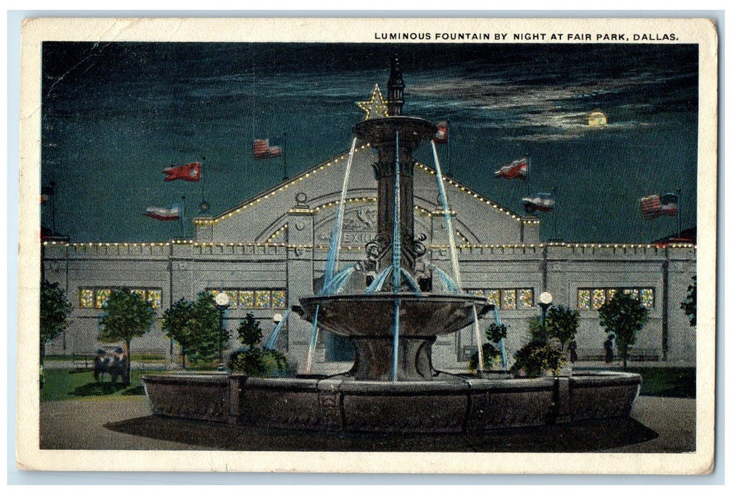 1919 Luminous Fountain Scene By Night Fair Park Dallas Texas TX Moon Postcard