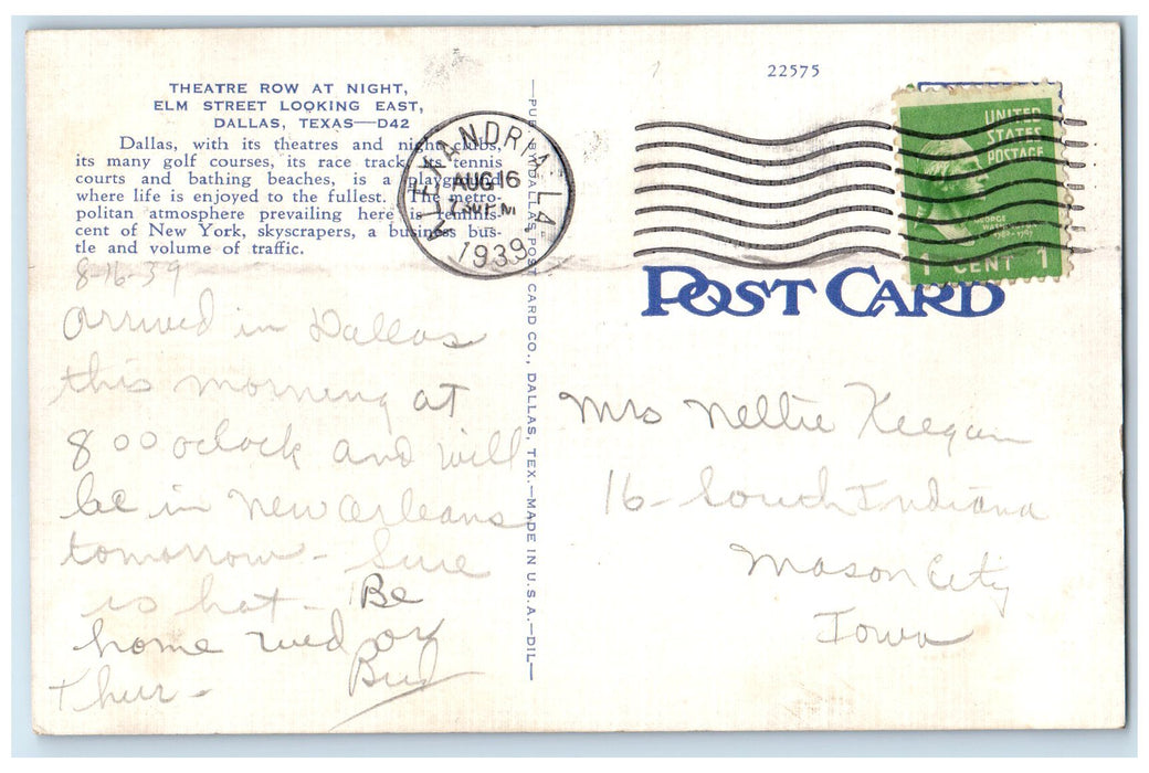 1939 Theater Row At Night Elm Street Classic Cars Railway Dallas Texas Postcard
