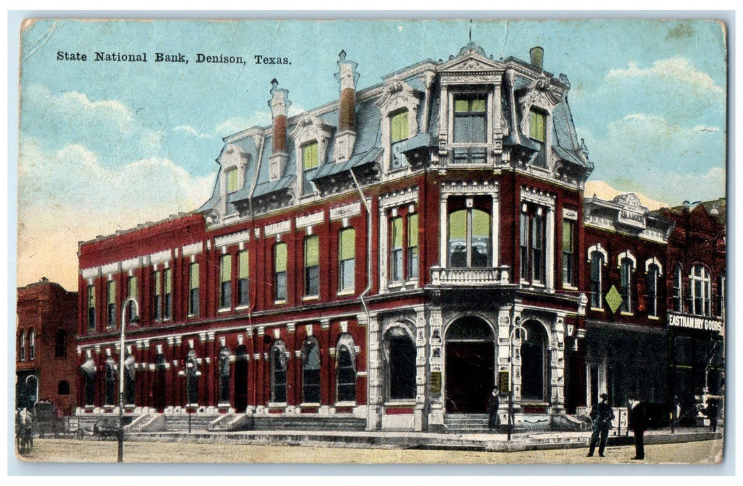 1920 State National Bank Exterior Roadside People View Denison Texas TX Postcard