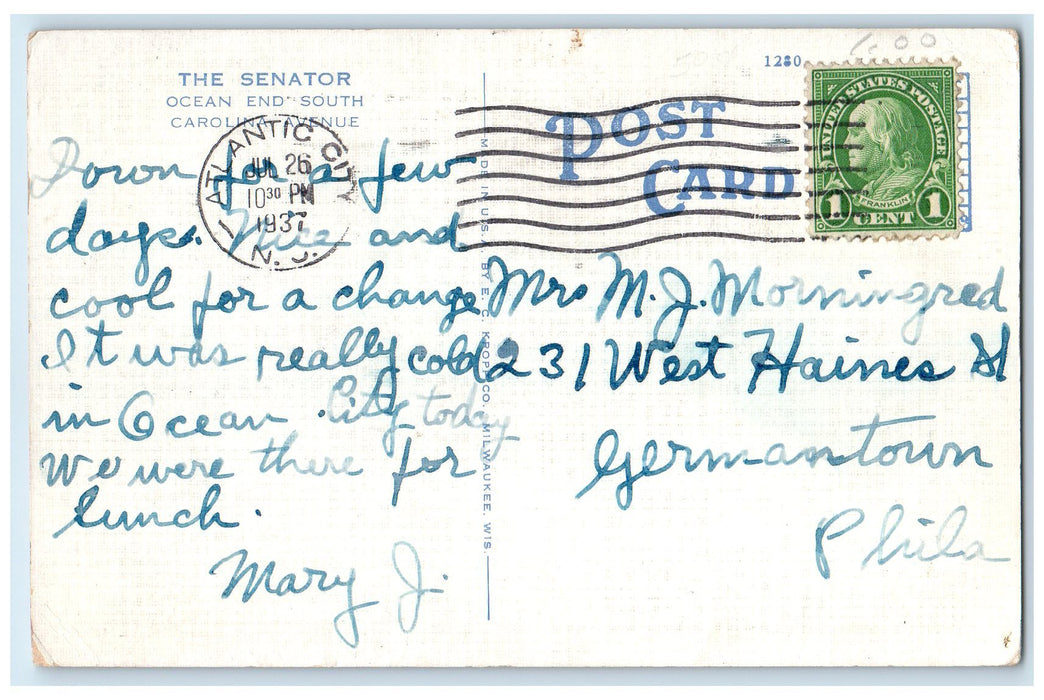 1937 The Senator Hotel Restaurant Classic Cars Atlantic City New Jersey Postcard