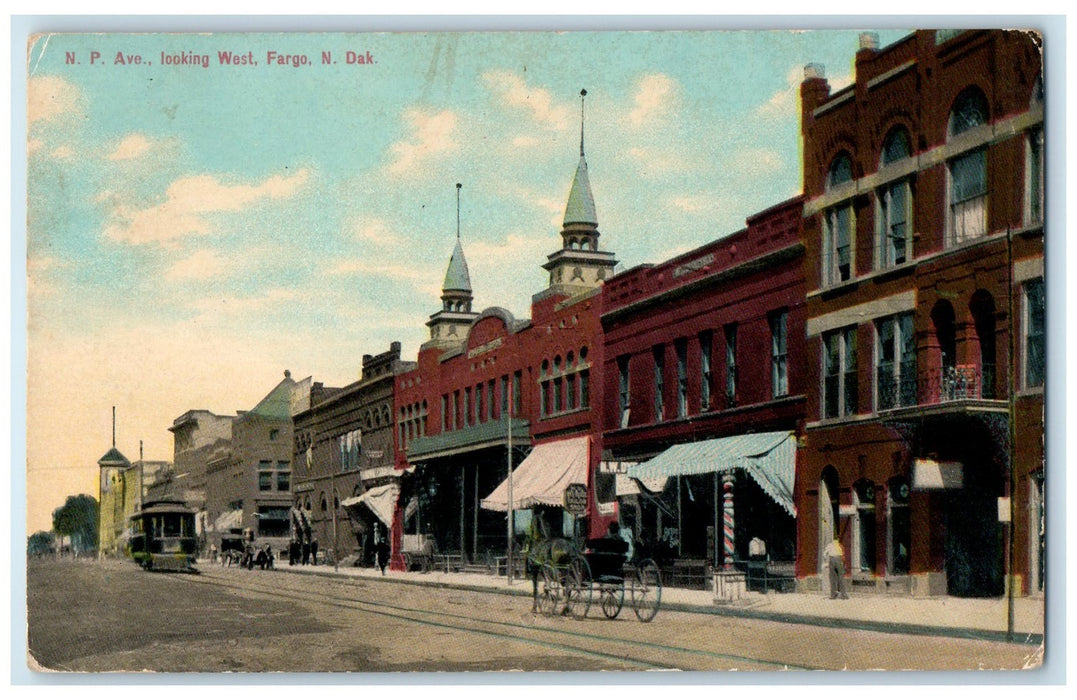 c1910's Northern Pacific Avenue Railway Horse Buggy Fargo North Dakota Postcard