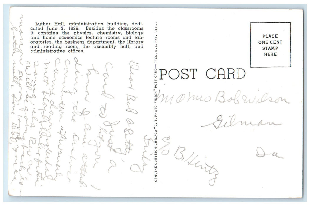 c1960's Luther Hall Wartburg College Exterior Roadside Waverly Iowa IA Postcard