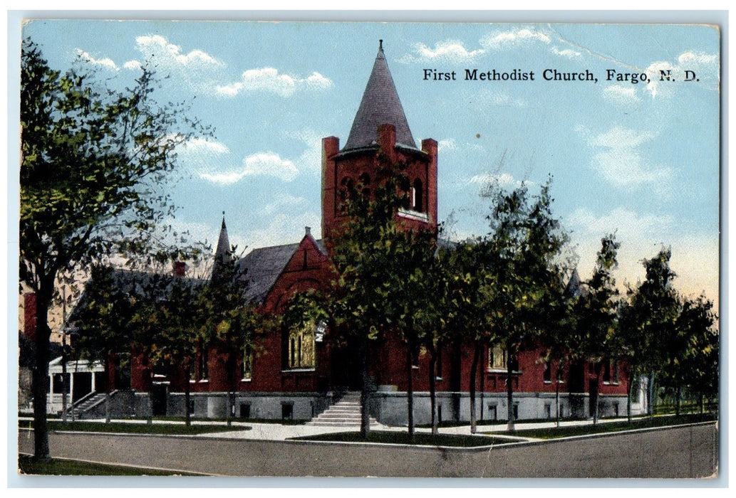 1917 First Methodist Church Building Tower Street Fargo North Dakota ND Postcard