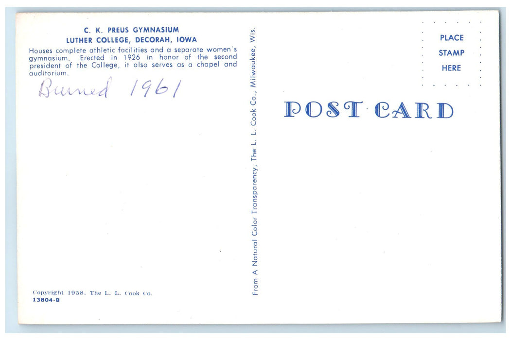 c1960s CL Preus Gymnasium Luther College Exterior Decorah Iowa IA Trees Postcard