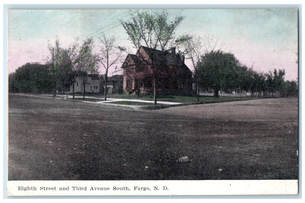 c1920 Eight St. & Third Ave Dirt Road Building South Fargo North Dakota Postcard