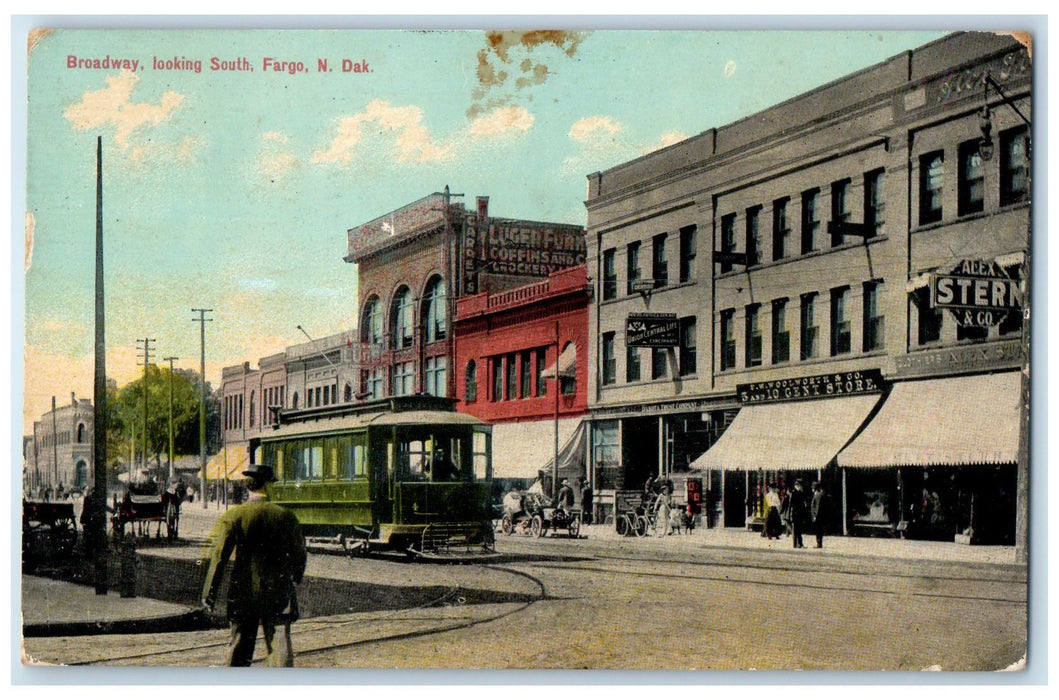 1911 Broadway Trolley Railroad Classic Car Carriage Fargo North Dakota Postcard